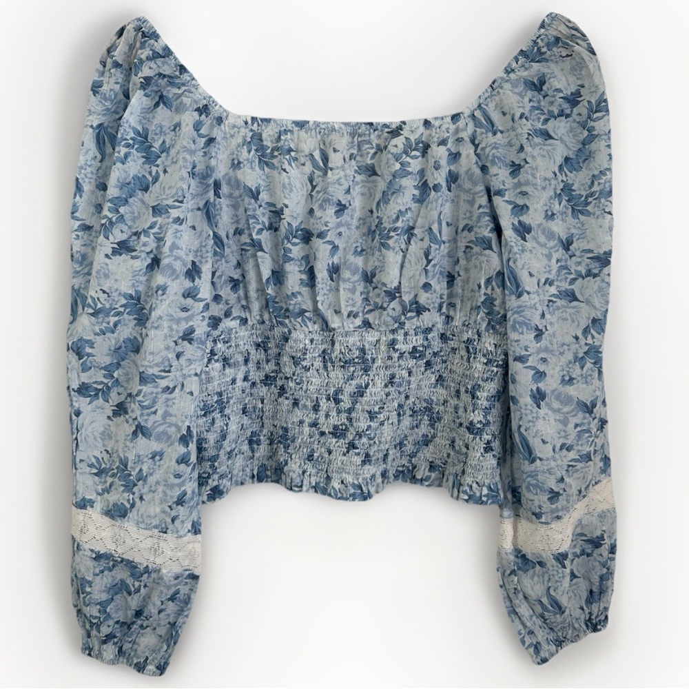 American Eagle Off The Shoulder Boho Floral Crop Top Lace Ruffle Cotton Size M - Picture 2 of 11